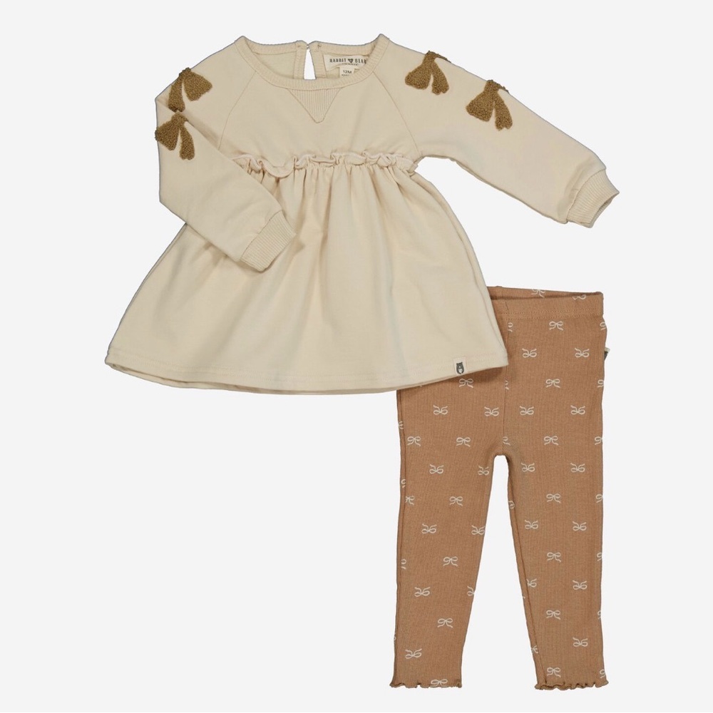 Rabbit and Bear Organics Ruffle Sweatshirt Dress & Tan Bow Leggings Set